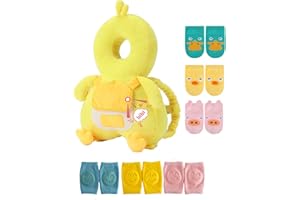 JunNeng Baby Head Protector Backpack with Squeaker, Knee Pads, Anti-Slip Socks, Yellow Duck Sets