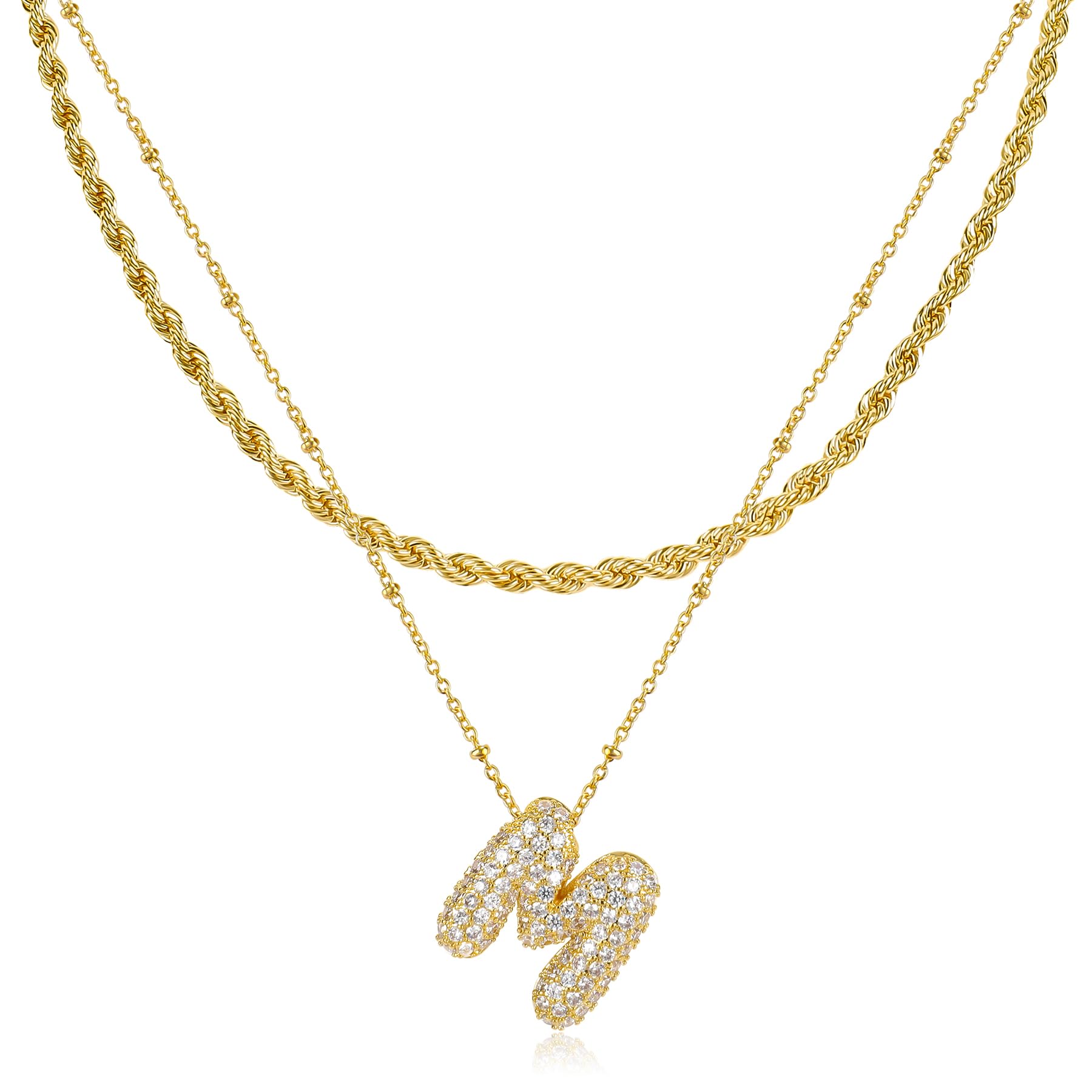 NEKOL M Bubble Letter Necklace for Women, Layering Balloon Initial Letter Zirconia Rhinestone Letter Necklaces Chunky Gold Necklace 2PCS