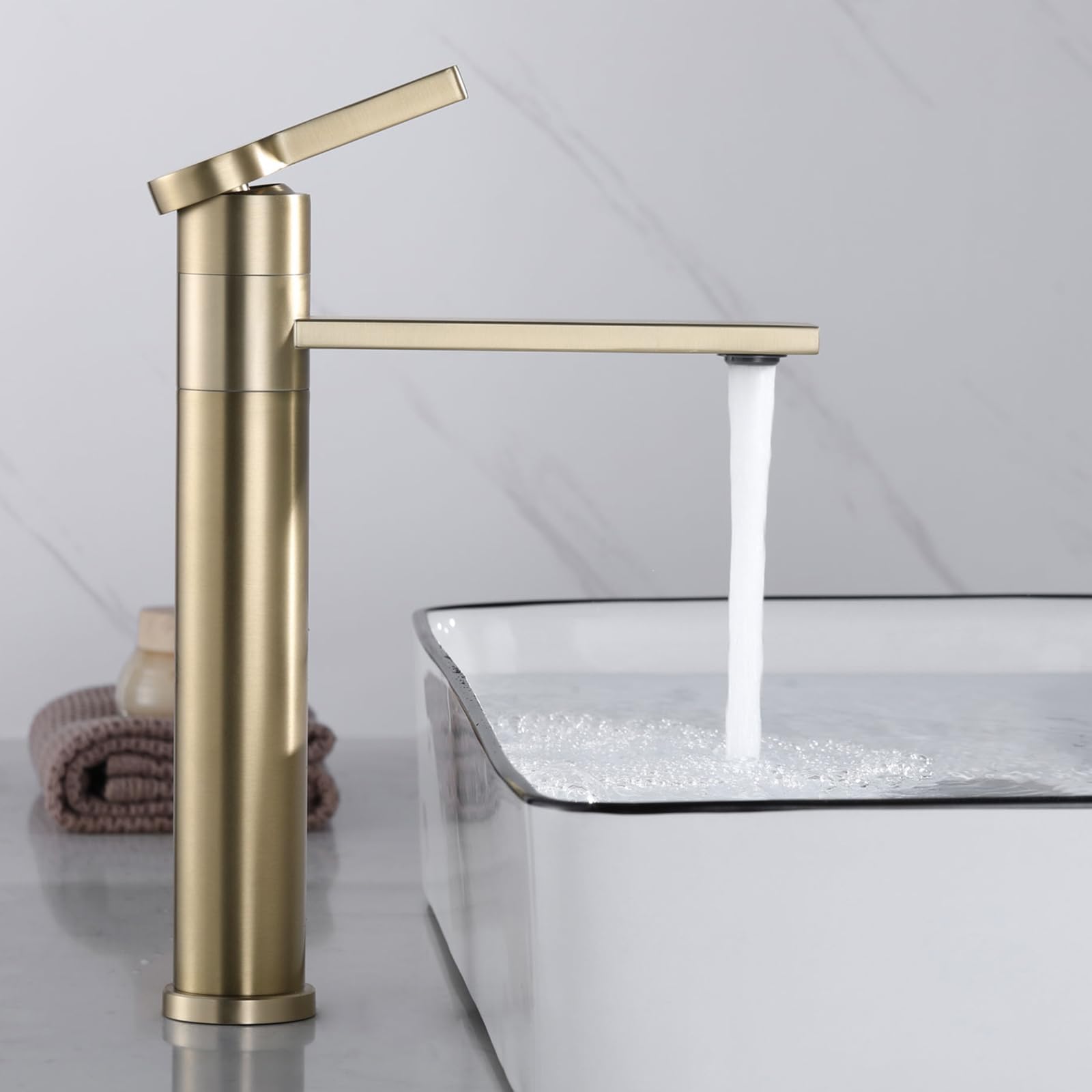 SHANFO Tall Bathroom Tap - 360° Swivel Spout Countertop Basin Mixer Tap, Single Lever, Brushed Gold, 1M4OK-T