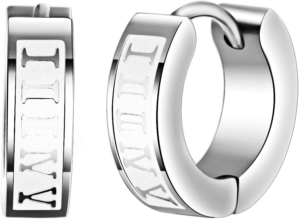 Stainless Steel Engraved Roman Numeral Wide Huggie Hoop Earrings for Men Women