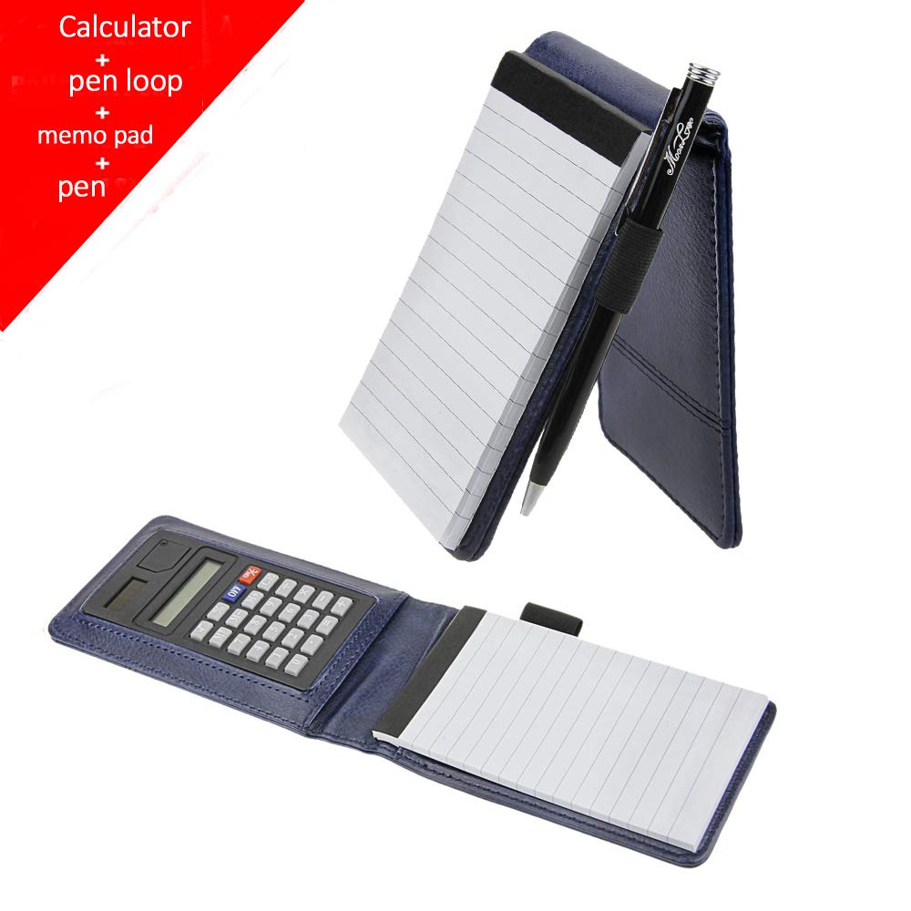 IPENNY Leather Memo Book with Calculator A7 Pocket Notebook Cover Jotter Organizer Lined Memo Pad Holder Business Writing Pad, 3.5-Inch X 5.5-Inch 30 Sheets Ruled Memo Scratch Pads with Pen