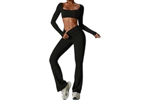 ABOCIW Workout Sets for Women 2 Piece Twist Front Long Sleeve Crop Tops High Waist Flared Leggings Gym Sets