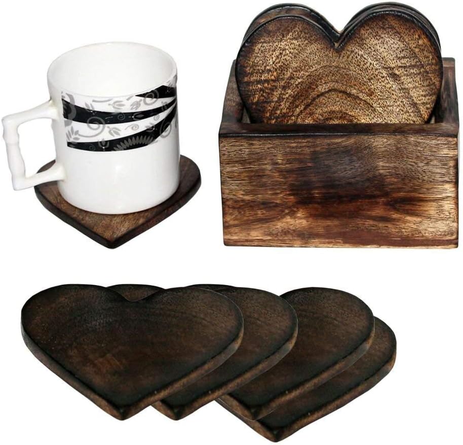 Wooden Coaster Set of 6 Love Heart Design Burned Coasters with Holder- for Tea & Coffee Cups, Mugs, Beverages, Glass Drink Mats