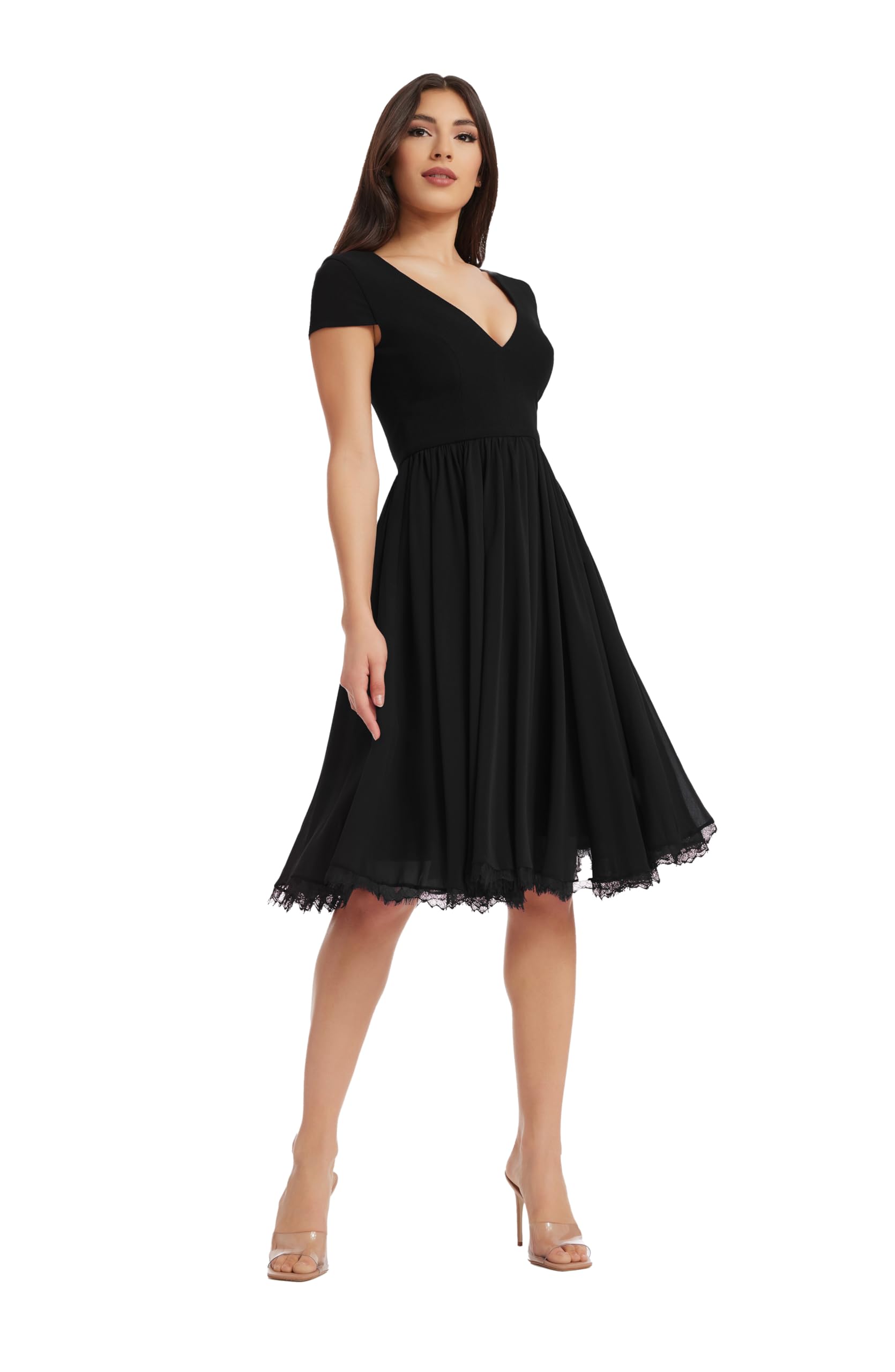 Dress the Population Womens Corey Plunging Mix Media Cap Sleeve A-line Midi Dress, Black, X-Small US