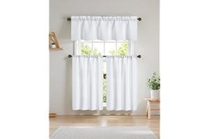 Easy Home 3 Piece Solid Color Blackout Window Curtain Set with Tiers and Valance Rod Pocket Thermal Privacy Curtain Tiers for Kitchen, Living Room, Bathroom Shades, W27 x L36 Inch, (White)