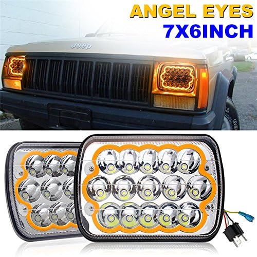 Jiuguang 2pcs 45w 5"x7" 7"x6" Rectangular Led Headlights with Yellow Color Angel Eye for Jeep Wrangler YJ Cherokee XJ Trucks 4X4 Offroad Headlamp Replacement H6054 H5054 H6054LL 69822 6052 6053