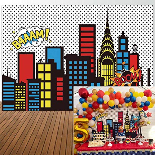 Allenjoy 96" x 72" Superhero Themed Backdrops Super City Skyline Buildings Children Birthday Supplies Favors Decorations Photography Party Event Banner Photo Studio Booth Background Baby Shower Vinyl