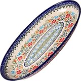 Polish Pottery Ceramika Boleslawiec Platter Karp Cups, Royal Blue Patterns with Red Cornflower and Blue Butterflies Motif, 14-1/8-Inch by 8-7/8-Inch