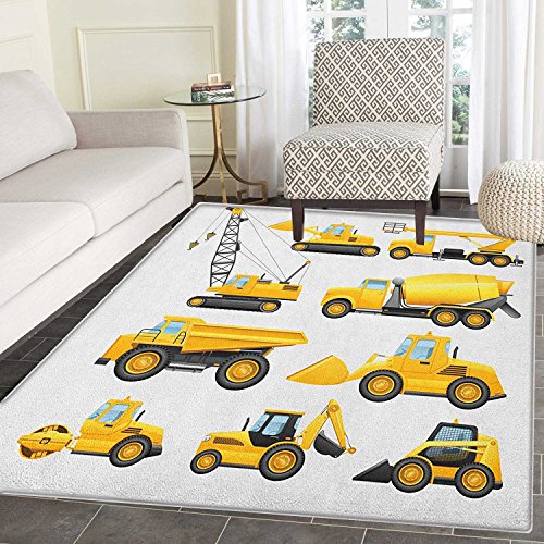 Boys Area Rug Carpet Abstract Images of Construction Vehicles and Machinery Trucks Bulldozer Crane Living Dining Room Bedroom Hallway Office Carpet 3'x4' Earth Yellow Black