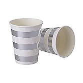 PARTY DISPOSABLE DECORATIVE PAPER CUPS 9 oz Metallic Silver Stripe for Upscale Parties and Events 24 pc