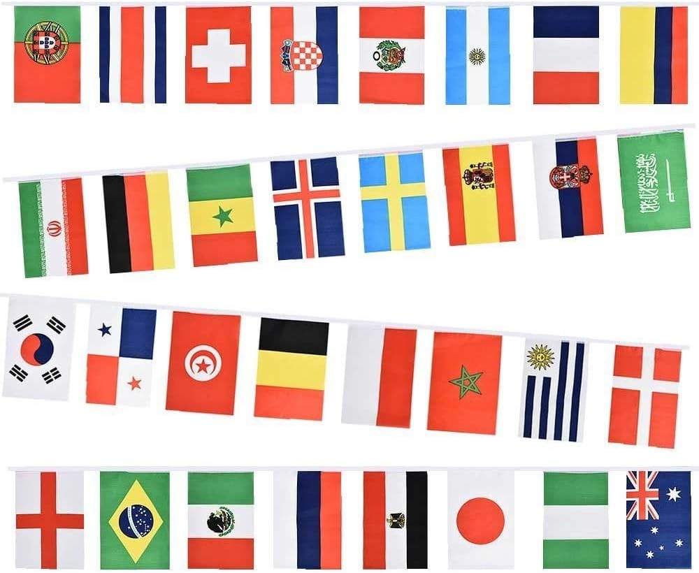 Fabric Bunting 10m/33ft For 2022 FIFA World Cup With 32 Teams National Flags Football Soccer Sports Event Banner Party Decorations