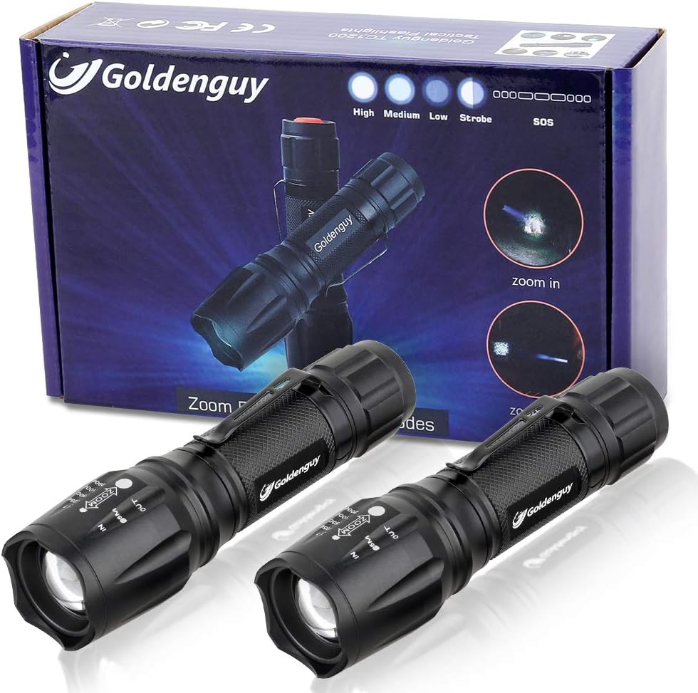 Goldenguy LED Tactical Flashlight High Lumen Powerful Camping Hiking EDC Emergrncy Torch 5 Mode Zoomable and Water Resistant(2 Pack) - - 