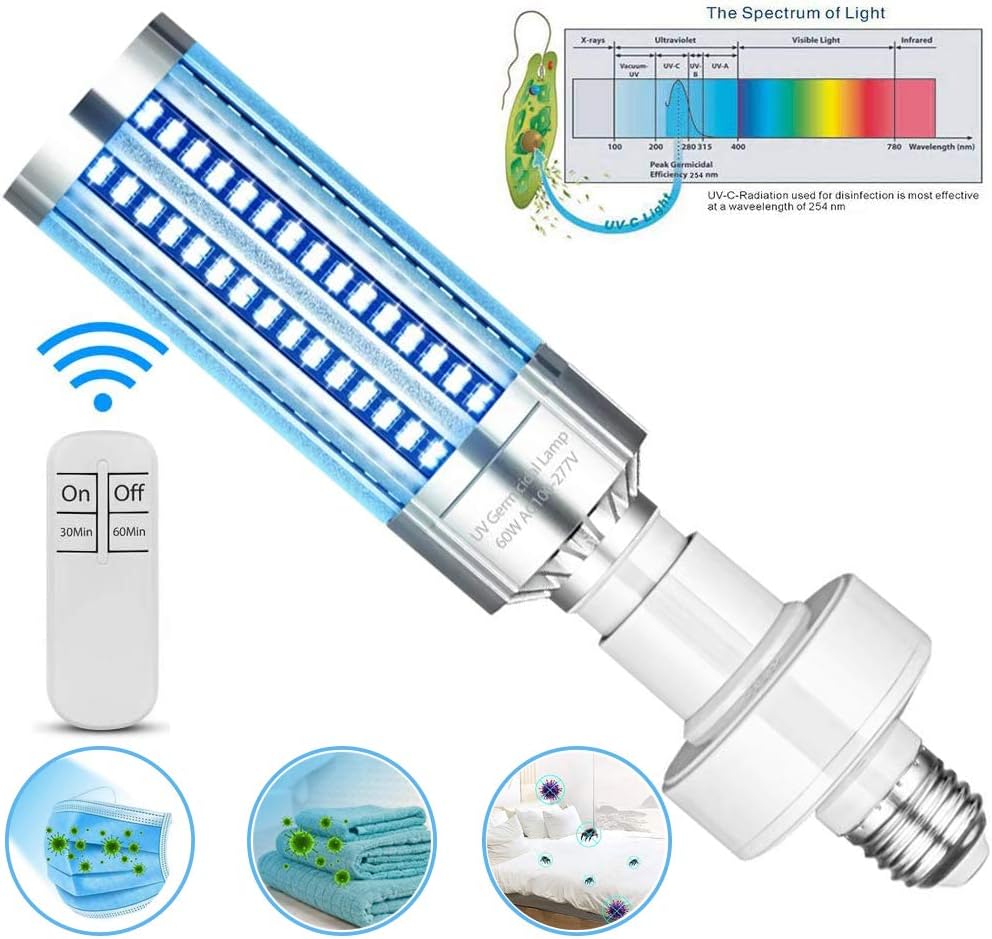 2020 Newest Germicidal Lamp 60W UV Germicidal Led UVC E26/E27 Light Bulb Suitable for Warehouse School Supermarket Home (with Remote Controller 30/60min Timer)