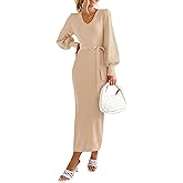 PRETTYGARDEN Women's Fall Knit Pullover Sweater Dress Elegant Long Lantern Sleeve V Neck Winter Maxi Bodycon Dresses