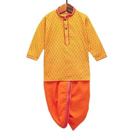 Kid1 By Hopscotch Boys Cotton Full Sleeves Kurta Dhoti Set In Yellow Color