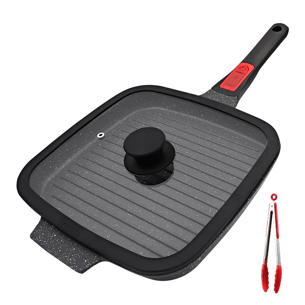 RANX INGST Griddle Pan with Lid, 26 x 24 cm Cast Aluminium Non Stick Steak Pan with Detachable Handle for Induction Hob, Black