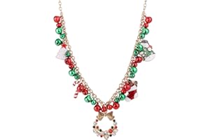 Christmas Jingle Bell Necklace, Bow Wreath Pendant Necklace Holiday Jewelry Charms Statement Collar Necklace Xmas Chain Gift 