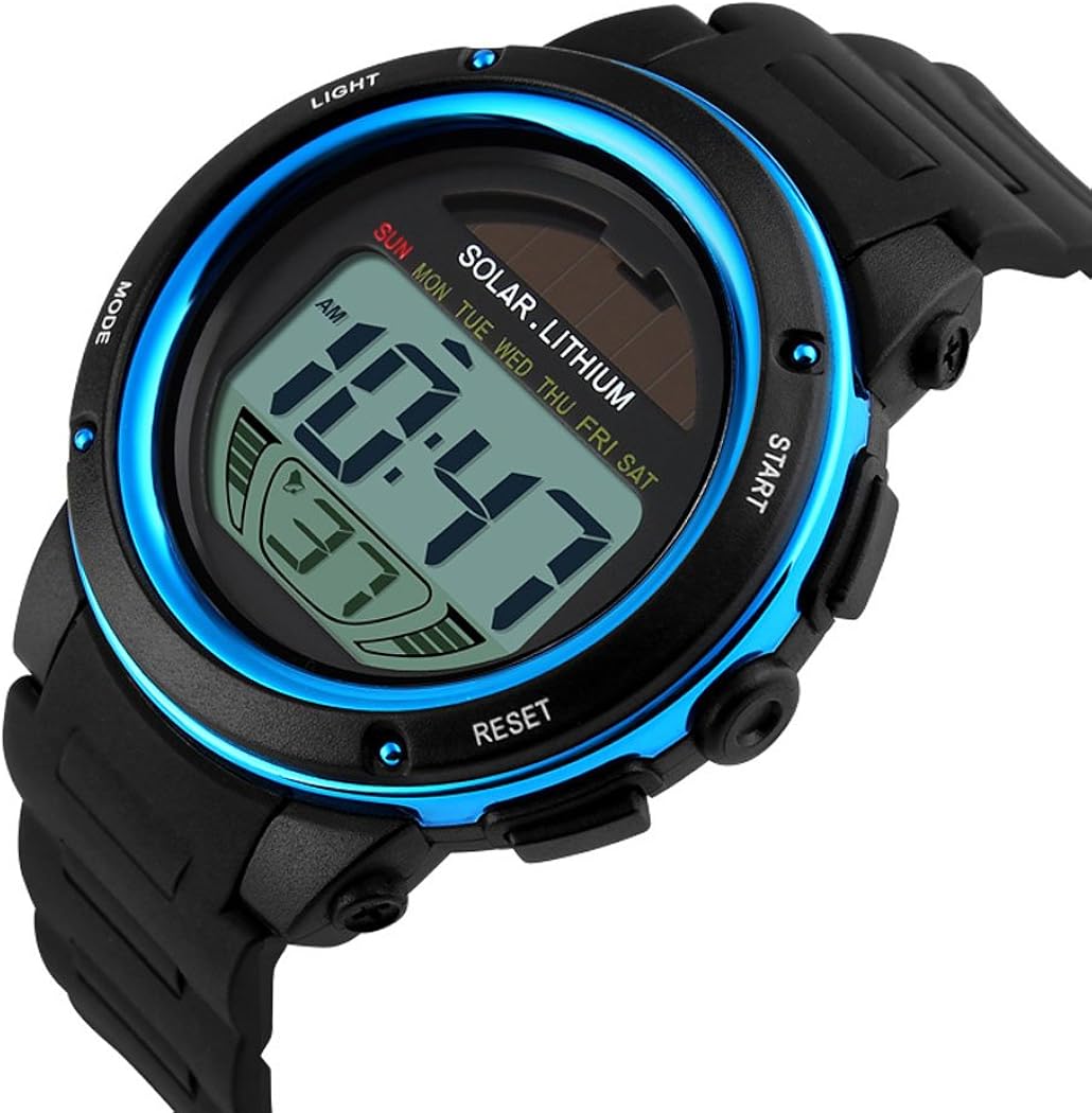 Fanmis Multi Function Alarm Stopwatch Digital LED Quartz Watch Solar Power Black Sports Watches (Blue): Watches