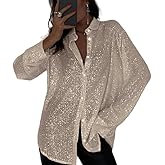 MINTLIMIT Women's Sequin Shirt Open Front Long Sleeve Collared Shirt Loose Blouses Glitter Button Down Shirt Tops