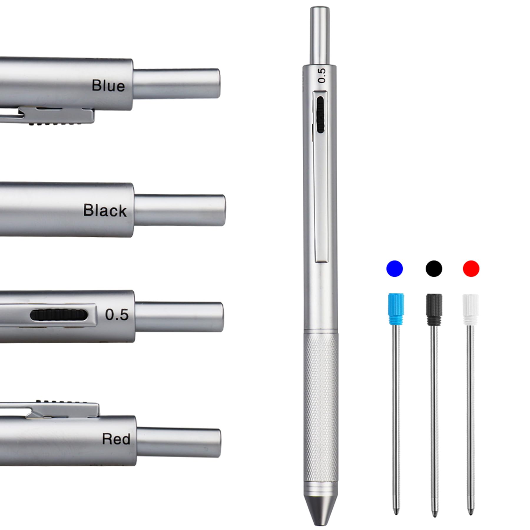 HeTaoCat 4 in 1 Multicolor pen, Metal Cased Multifunction Pen, 0.5mm Mechanical Pencil, Red, Blue and Black (Silver)