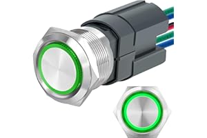 ZJWZJH 22mm Push Button Switch 15A Large Current Momentary 2NO 24V Angel Eye LED Stainless Steel Round Self-Reset 7/8'' DPST with Wire Socket (Green, Momentary 24V)
