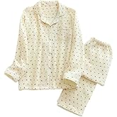 codcm Womens Cotton Gauze Pajama Set Long Sleeve Button Up Shirt and Pants 2 Piece Cute Printed Pj Set