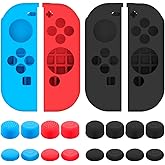 Protective Case Compatible with Nintendo Switch Joy-Con Controller with Thumb Caps, SENHAI 2 Pack Anti-Slip Silicone Grips Covers with 16 Thumb Stick Pads - Black, Blue + Red