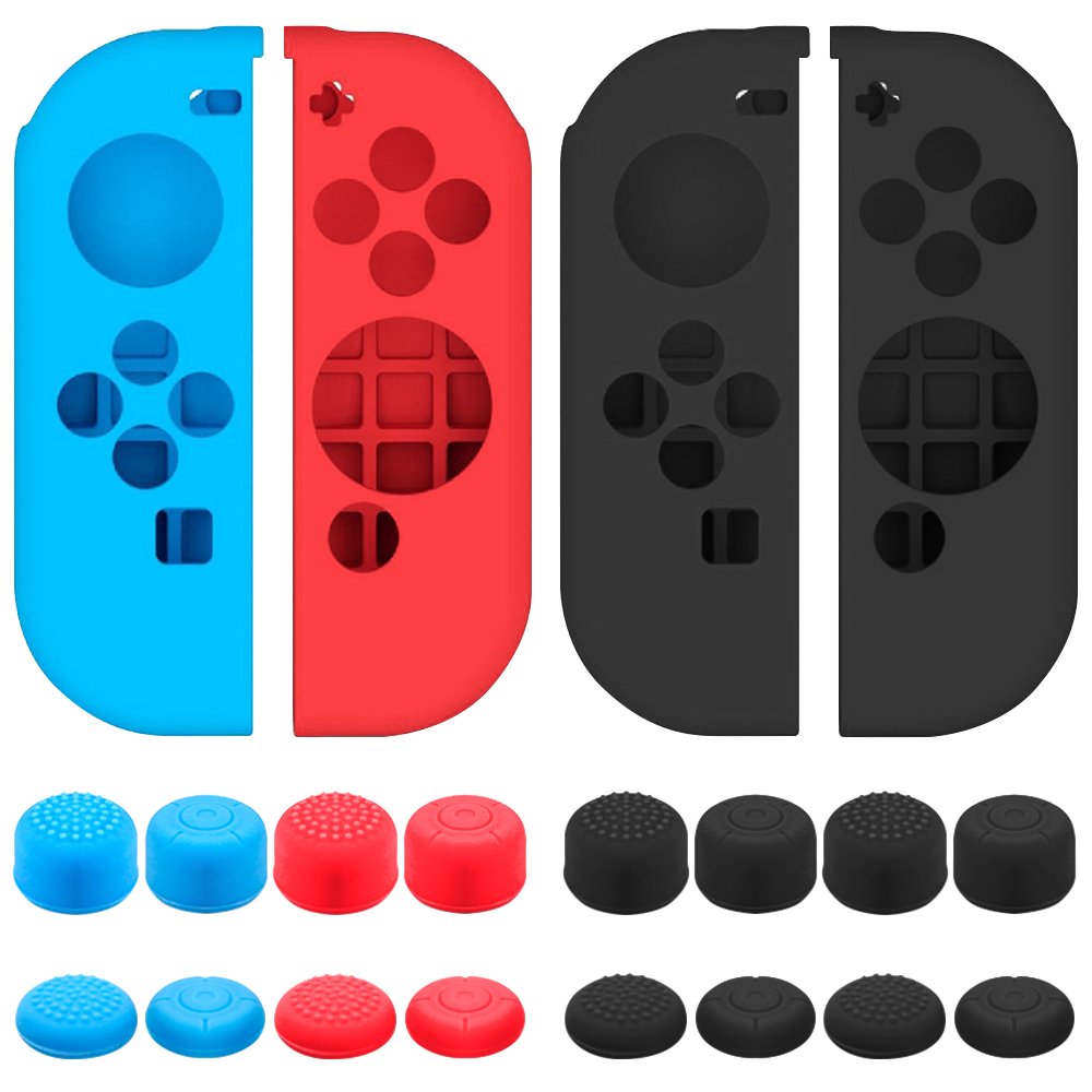 SENHAI Case Compatible with Nintendo Switch Joy-Con Controllers with Protective Grips, 2 Pairs of Silicone Joysticks Case with 16 Sticks - Black, Blue + Red