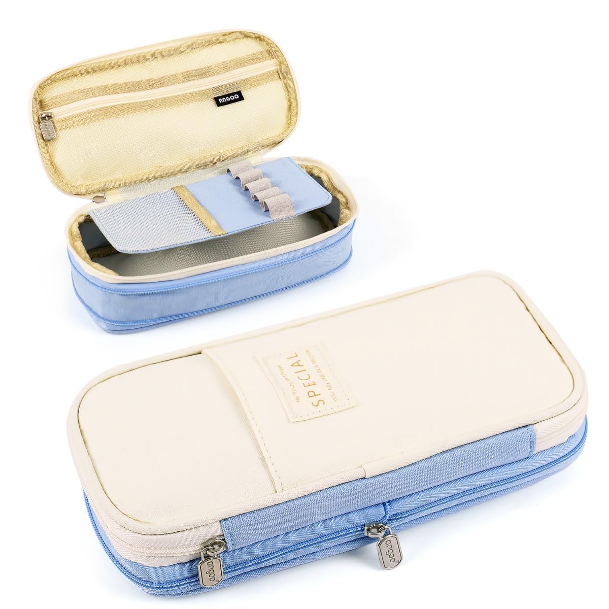 Expandable Pencil Case, Large Capacity Pencil Case with Compartments, Portable Pencil Pen Bag Pouch Stationery Storage Organizer for Girls Women Adult School Office College Students (Light Blue Beige)