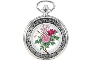 VIGOROSO Quartz Beautiful Peony Bird Enamel Painting Steampunk Silver Pocket Watches in Box