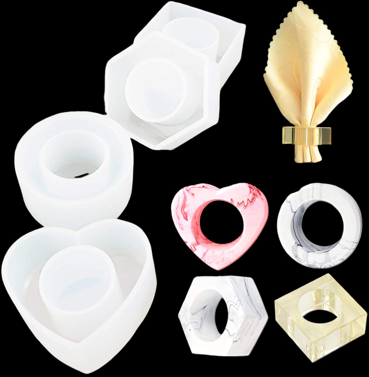 iSuperb Napkin Rings Resin Moulds Set of 4 Hexagon Square Round Love Shaped Silicone Moulds Napkin Holder Epoxy Resin Moulds for Making Resin Napkin Bands