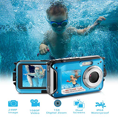 Waterproof Digital Camera Full HD 1080P Underwater Camera 24MP Video Recorder Camcorder Point and Shoot Camera Selfie Dual Screen Waterproof Camera for Snorkeling with Charger