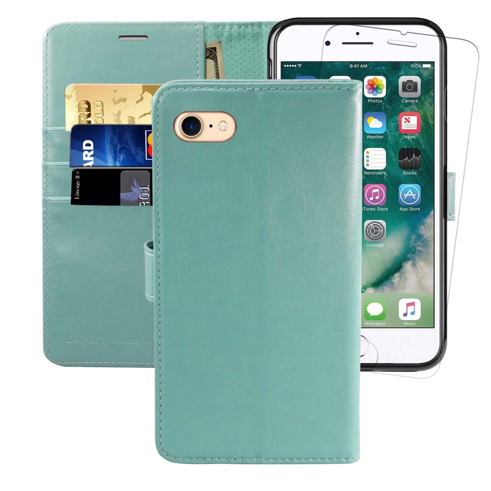 MONASAY iPhone SE 2022/2020 5G Case,iPhone 8 Wallet Case, iPhone 7 Case,4.7-inch, [Glass Screen Protector] Flip Folio Leather Cell Phone Cover with Credit Card Holder for Apple 7/8/SE2/SE3,Mint