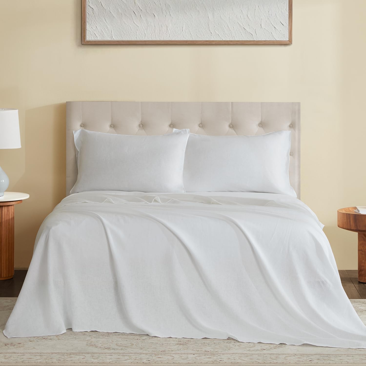 dapu pure linen sheets set, 100% french linen from normandy, breathable and durable for hot sleepers, 4 pcs set - 1 flat sheet, 1 fitted sheet, 2 pillowcases (white, queen)