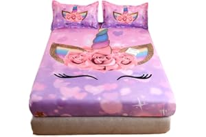 qjmiaofang Unicorn Sheets Queen Size for Girls Unicorn Bed Sheet Pink Unicorn Fitted Sheet with Flowers Printed Bedding Set Sparkling Stars and Hearts Pattern Bed Set Soft Microfiber with 2Pillowcases