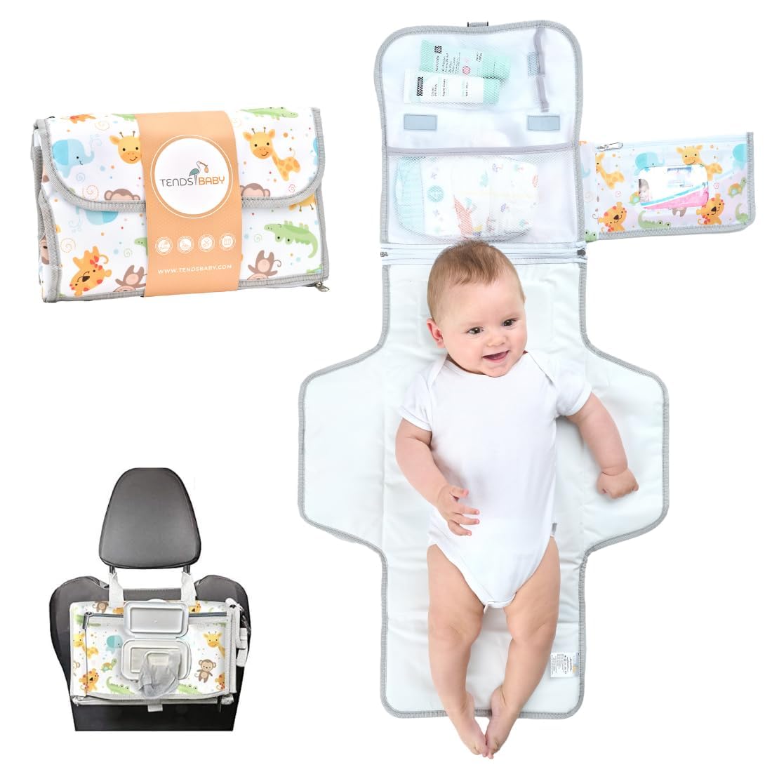Portable Baby Changing Mat XL-Foldable Waterproof Changing Mat Ideal as a Newborn Gift - Detachable Bag with 6 Pockets as a Toiletry Bag for Baby Items
