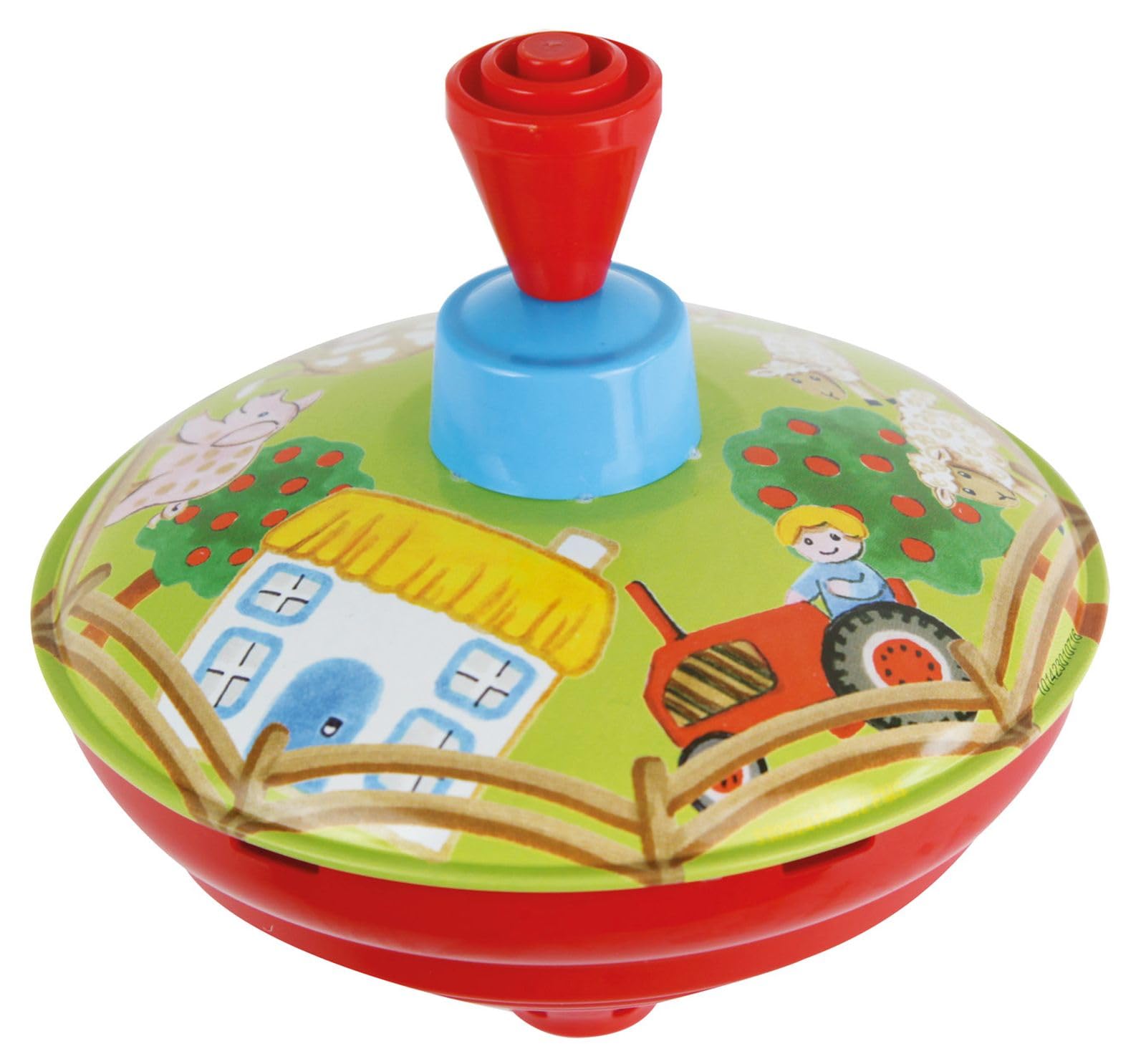 Lena tin toys 52412 - Humming top farm yard Ø 13 cm, metal spinning top, classical pump action, metal top with animal motif, for children from 18 months