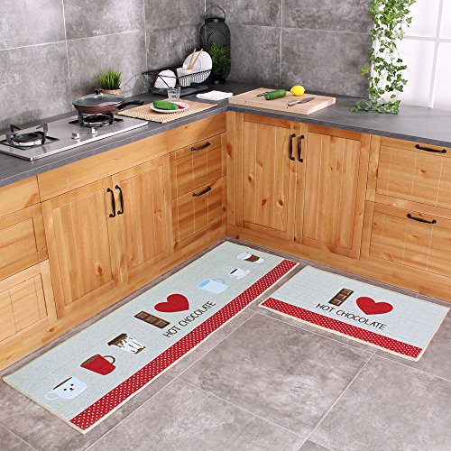 Carvapet 2 Piece Kitchen Mat No Rubber Backing Doormat Runner Rug Set, Chocolate Design (Light Grey 19