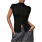 SHENHE Women's Button Front Cap Sleeve T Shirts Casual Mock Neck Fitted Office Tees