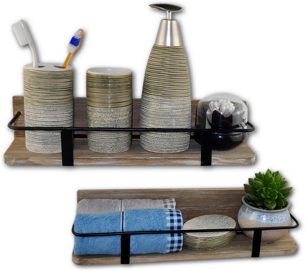 Spiretro Set of 2 (Large & Small) Grey Wall Mount Floating Shelves Rustic Torched Wood Espresso Black Metal Rail Storage Organize and Display for Living Room Bedroom Kitchen Room Bathroom Closet: Home & Kitchen