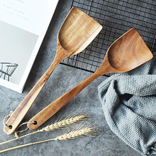 Large Wooden Wok Spatula, 13 Inch Natural Teak Long Handle Turner