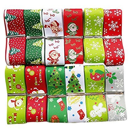 Chenkou Craft 12Yards Merry Christmas Polyester Grosgrain Ribbon 1"(25mm) Snowflake Claus Beer X'Mas Hat Sock