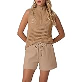 GRECERELLE 2026 Women 2 Piece Sets Crochet Hollow Knit Half-Zip Sweater Tank Top & Shorts Lounge Travel Matching Outfits