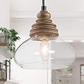 LOG BARN Farmhouse Pendant Light with Wood & Clear Glass for Kitchen, Entryway, Bedroom, Dining & Living Room - 7.5" X 7.5" X