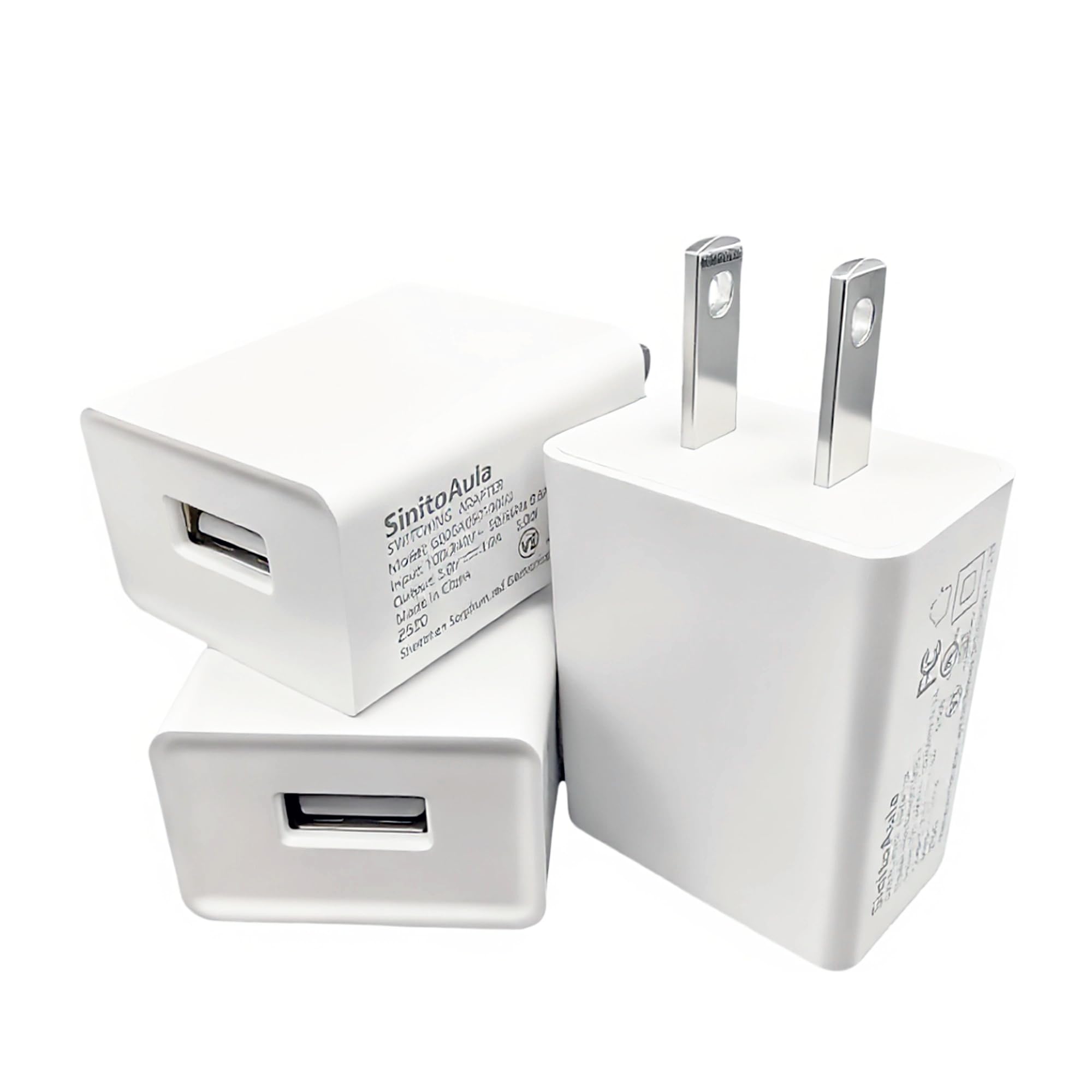 SinitoAula UL Listed USB Wall Charger Block (5W, White, 3pcs), 5V 1A Power Adapter for Outlet, Plug for Cell Phones, Tablets, Earphones, Power Banks, Smart Wearables, Toys and More Electronic Gadgets