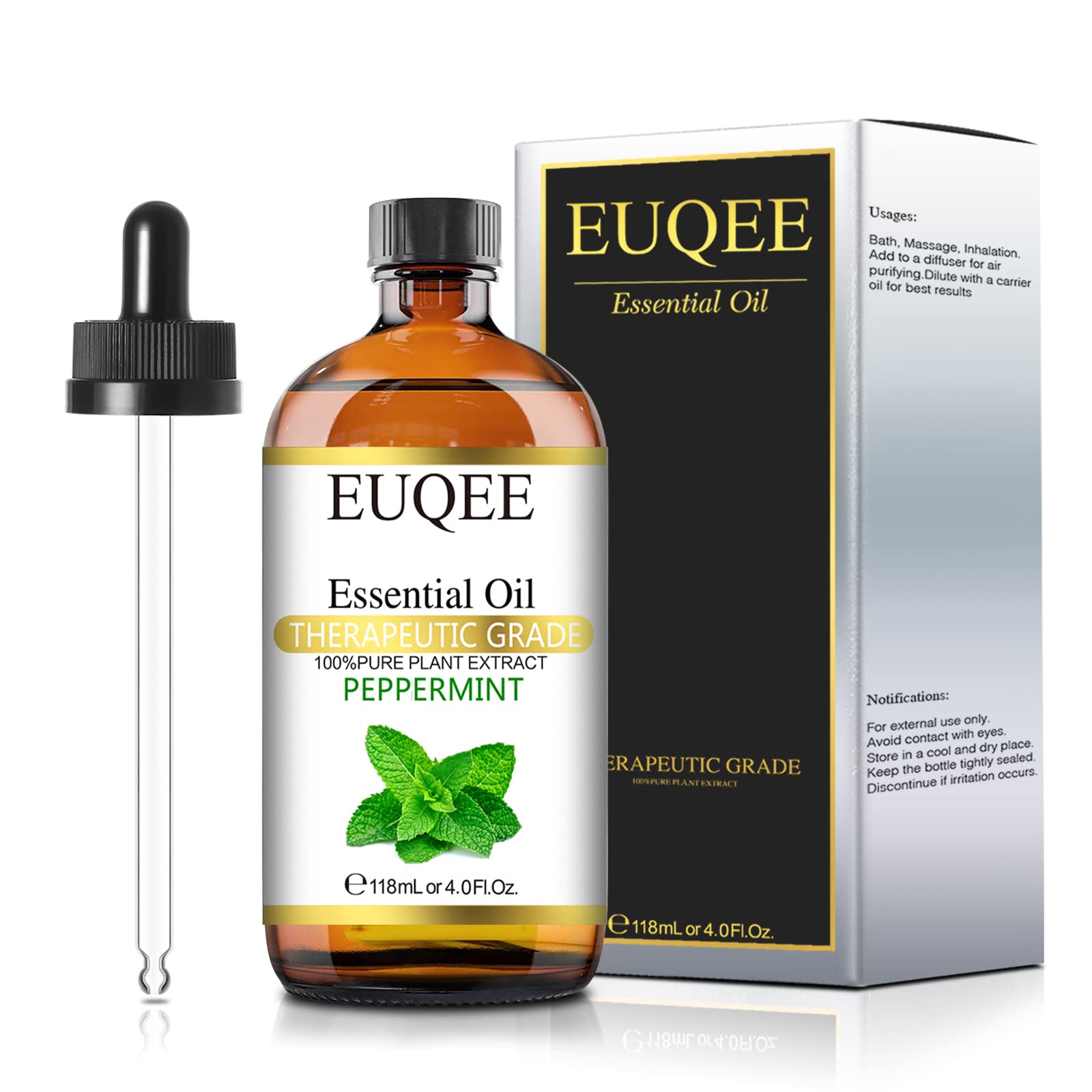 EUQEE Peppermint Essential Oil 118 ml Pure Peppermint Oil with Glass Dropper, Great for Aromatherapy, Diffuser, Soap Candle Making - 4Fl. Oz