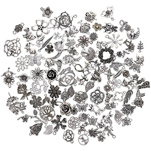 KeyZone Wholesale 100 Pieces Tibetan Silver Plated Mixed Jungle Animal Plant Charms Pendants DIY for Jewelry Making and Crafting - Thumbnail 2