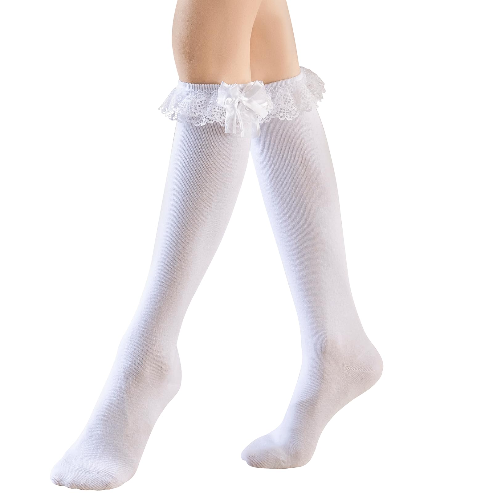 Photo 1 of AMHRLINGTO Women's Lace Ruffle Frilly Ankle Socks - Girl Cotton Knee High Socks with Bow Lace Ruffle Trim (Cotton, White-1 Pairs-Bow)