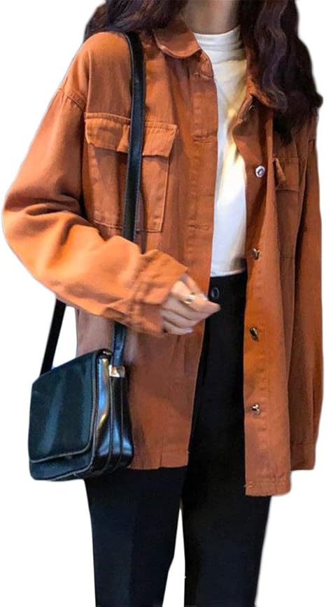 Amazon バンプー レディース デニム アウター コート ジージャン 長袖 デニムコート カジュアル デニムジャケット ブルゾン 通勤 通学 シンプル 韓国風 コーディネート ファション オレンジf コート ジャケット 通販