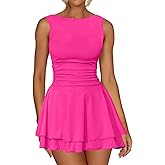 oten Women's Sleeveless Ruched Waist Tiered Flowy Ruffle Hem Mini Party Club Short Dresses